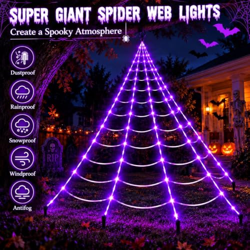 200 LED Halloween Spider Web Lights Purple Outdoor Light&Large Spider