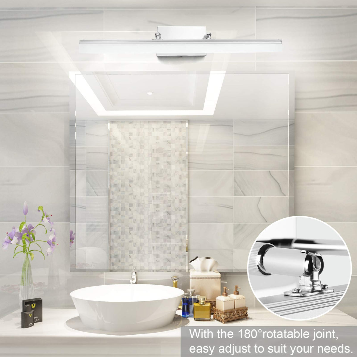 24 inch Modern LED Vanity Lights Adjustable Bathroom Vanity Light Fixtures Chrome Bathroom Light Fixture Over Mirror 5500K (Chrome / 23.6 in)