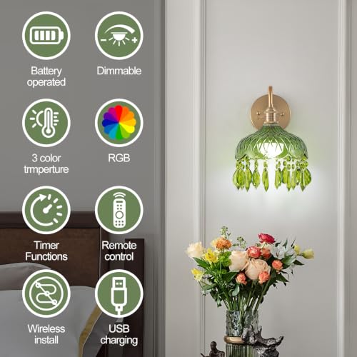 Vintage Battery Operated Wireless Wall Sconces (Green / 9.05in)