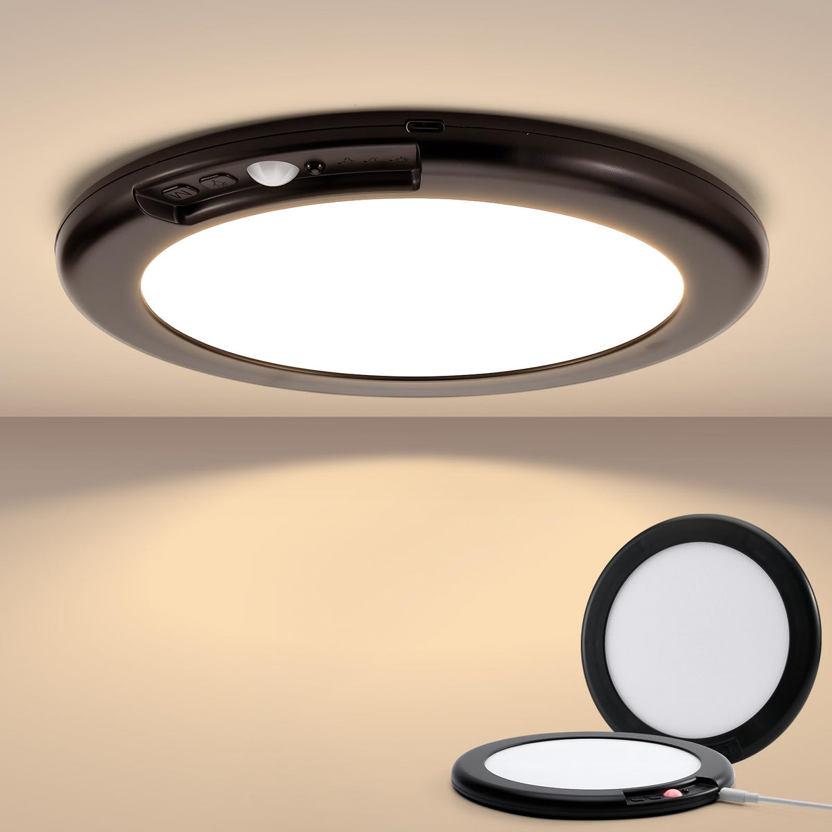 2 Pack Black Operated Battery Powered Motion Sensor Ceiling Lights Wireless (3CCT-black / 2 Pack)