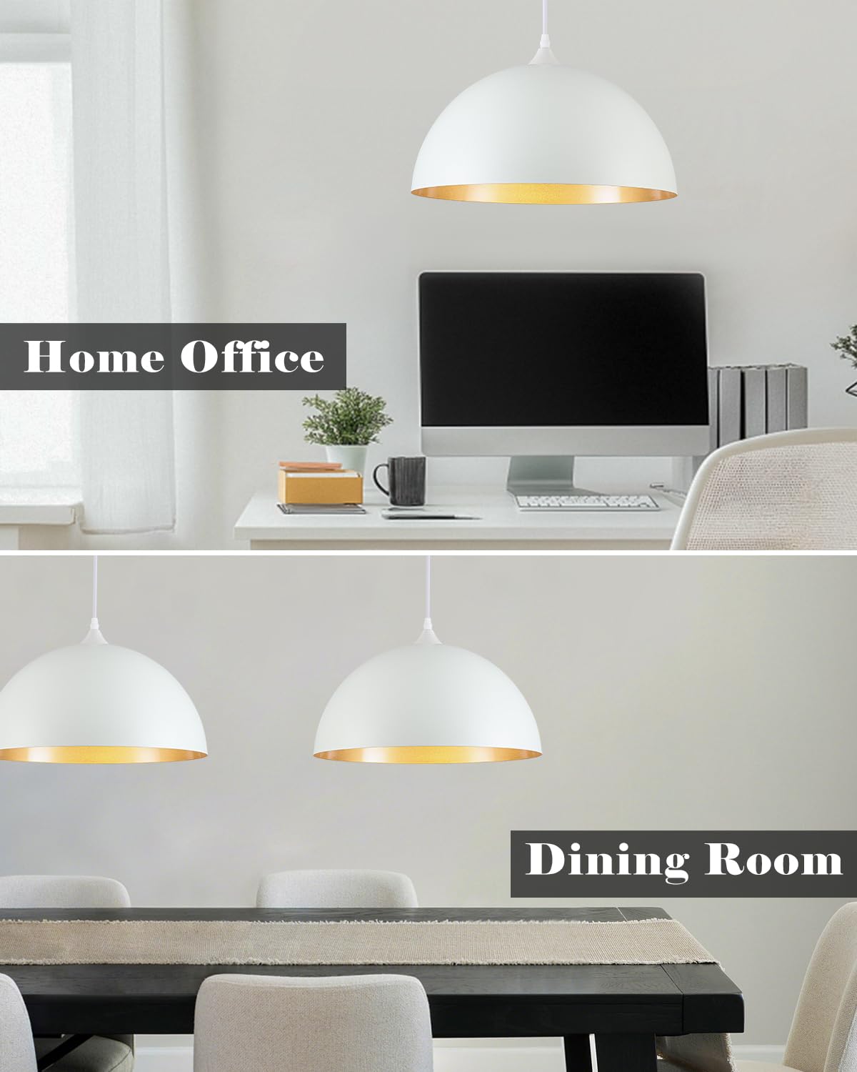White and Gold Dome Pendant Light (White+Gold / 16"x2)