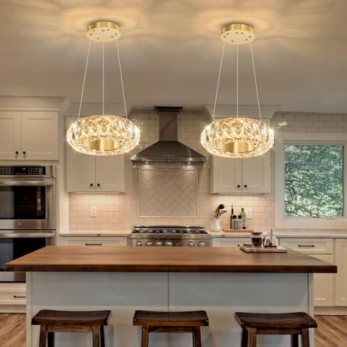 8" Ring Modern LED Dimmable Crystal Chandelier Adjustable Height Pendant Light Round Crystal Chandelier Light Fixtures for Dining Room Living Room Kitchen Island Gold (Gold / 1 Ring Round 8")