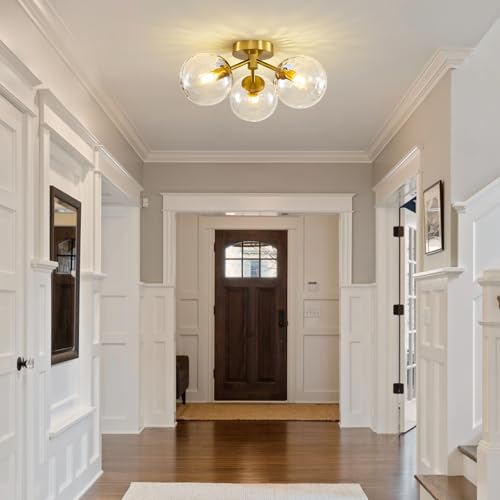 Gold Globe Semi Flush Mount Ceiling Light Hammered Glass Mid Century Modern (Gold / Hammered Clear Glass)