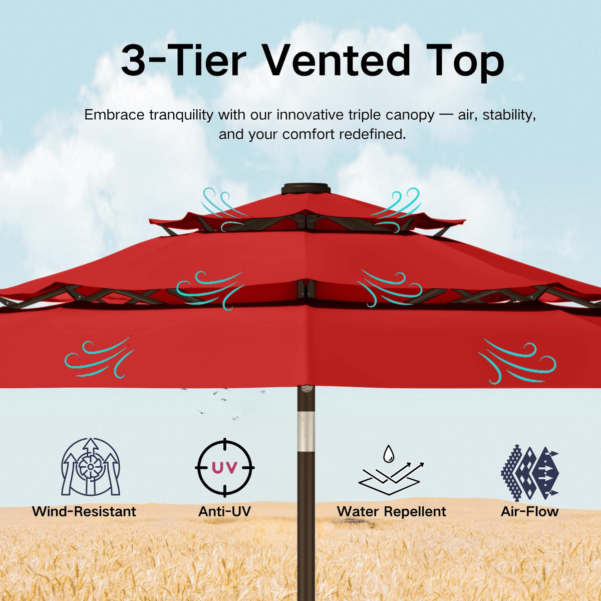10ft 3 Tier Patio Umbrella with Solar Lights (Red-LED / 10 FT)