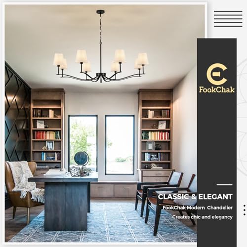 8 Light Black Chandelier with White Linen Shade 44'' Fabric Dining Room Chandeliers Over Table Transitional Living Room Chandeliers for Master Bedroom Entry Hanging Light Fixture Home Office Kitchen (Black & Linen / 43.7 inch)