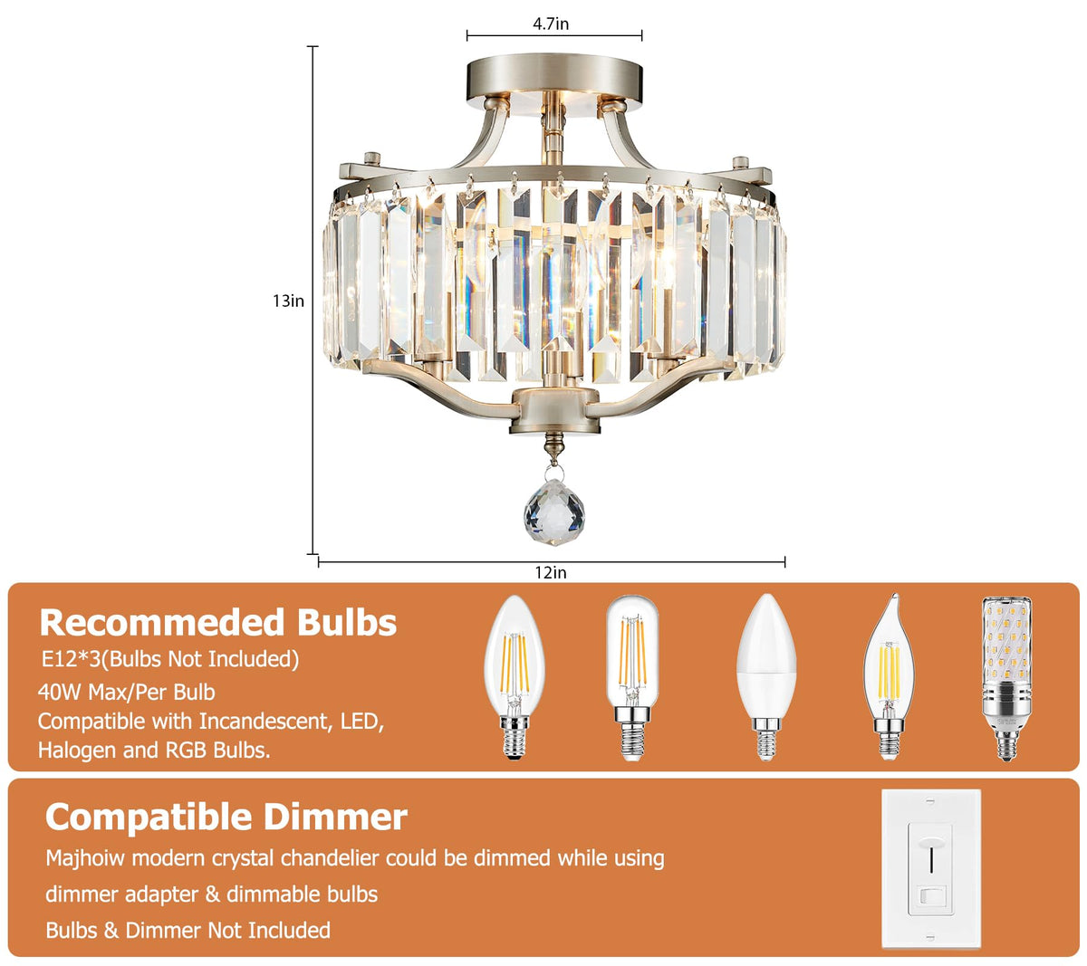 12.2'' Modern Brushed Nickel Crystal Ceiling Light Fixture Farmhouse 3