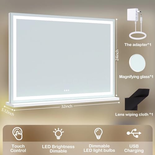 Makeup Vanity Mirror with Lights 32" x 24" Large LED Makeup Mirror (Square White Led / 24"L x 32"W)