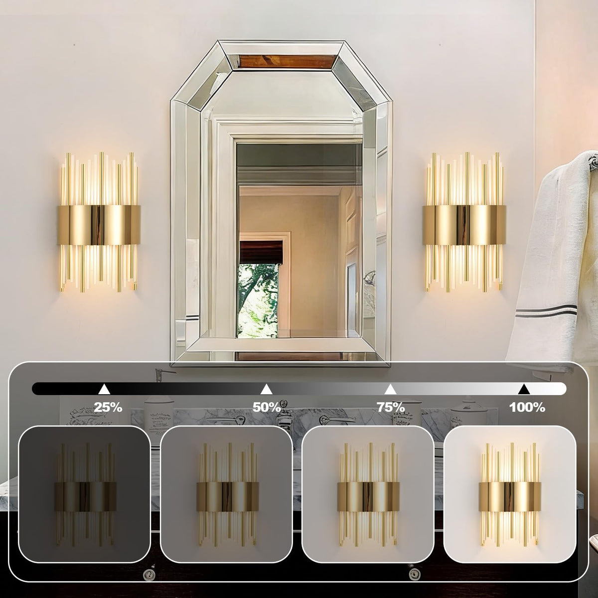 Gold Wall Sconces LED Dimmable Modern Crystal Wall Sconces Gold Wall Light Titanium Vanity Wall Light for Bedroom (Gold one set)