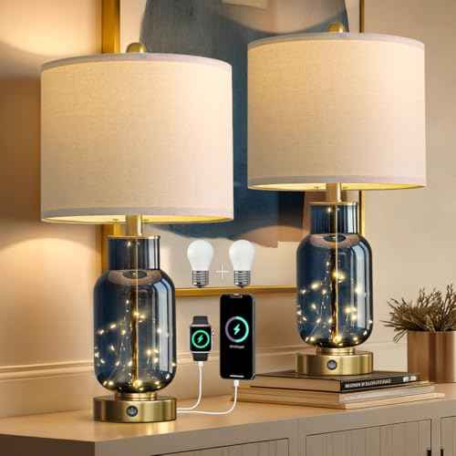 22" Glass Table Lamps Set of 2 with LED Nightlight for Bedroom (Blue)