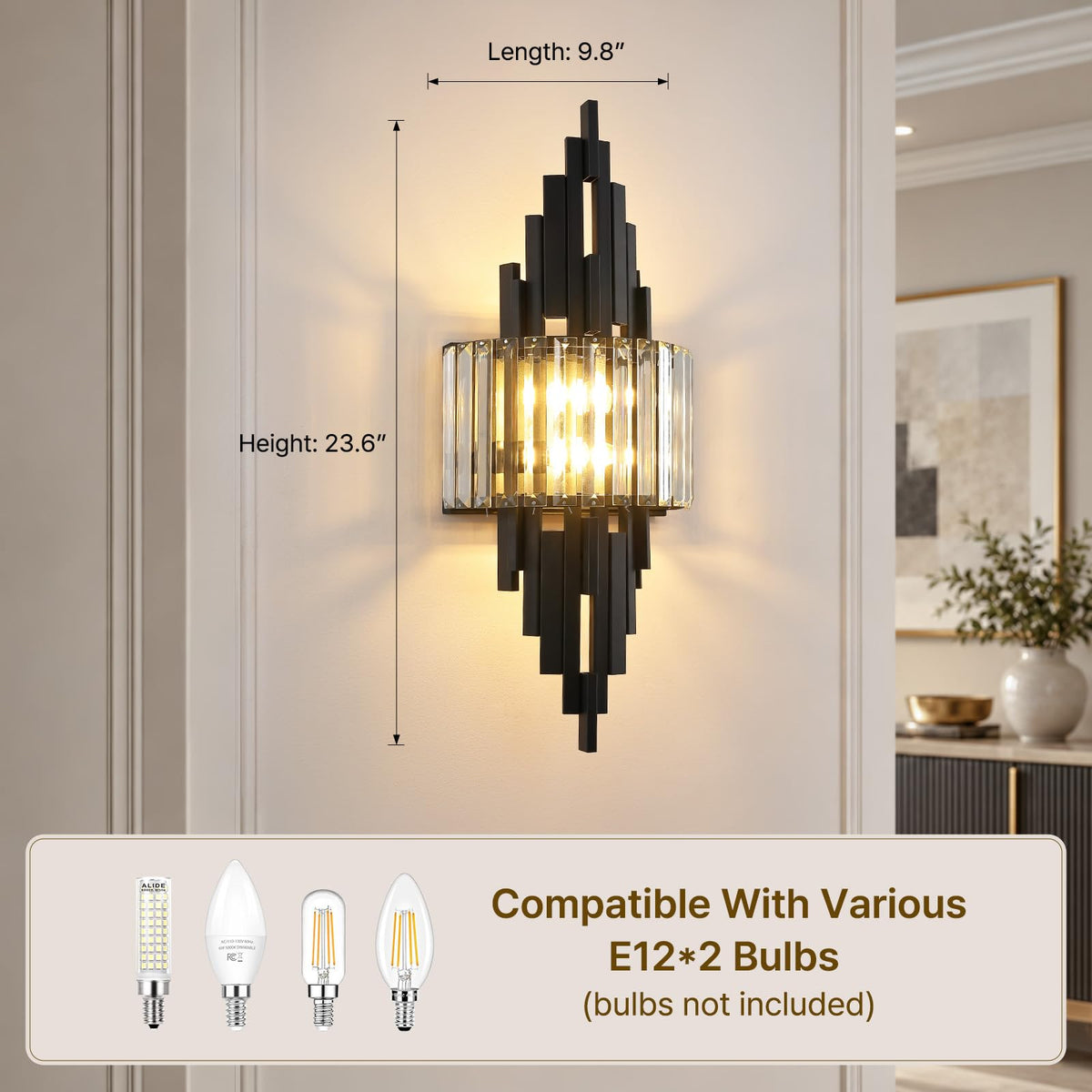 Black Crystal Wall Sconce set of 2 Mid Century Modern Vanity Bathroom Light (Black Rectangle-2P)