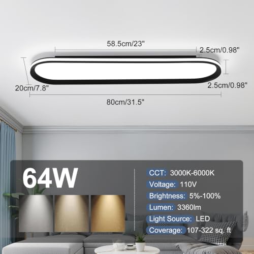 Modern LED Ceiling Light Dimmable Linear Ceiling Light 39.4in Semi Flush Mount Long Lights with Remote Control and Side Lighting for Living Room Kitchen Dining Room