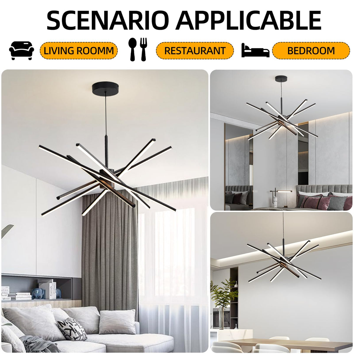 Black 33 inches Modern Sputnik Chandelier 90W LED Chandeliers (Black / 33Inch)