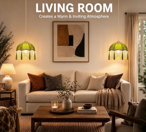 Plug in Pendant Light Hanging Lights with Plug in Cord Fringe Green Hanging Lamp Gold Mid Century Vintage Dimmable Tassel Flower Plug in Chandelier Ceiling Fixture Victorian Boho 2 Pack (Pendant Light-26)