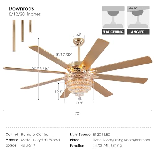 72"Large Golden Crystal Chandelier Ceiling Fans with Lights and Remote (Gold-72IN)