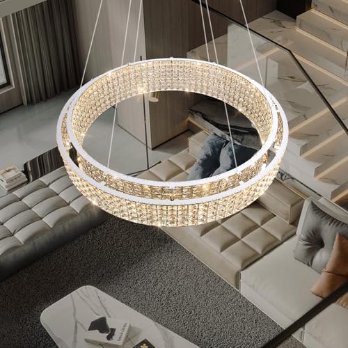 W40 Modern Chandeliers for Living Room LED Dimmable Pendant Lighting High Ceiling Chandelier for Dining Room Foyer Hallway Crystal Rectangle Light Fixtures Silver (Silver / Round 40")
