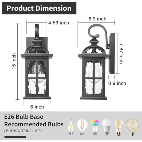 Outdoor Wall Light Exterior Light Fixture with Water Ripple Glass (Black-Water Ripple Glass / Medium-2 Pack)