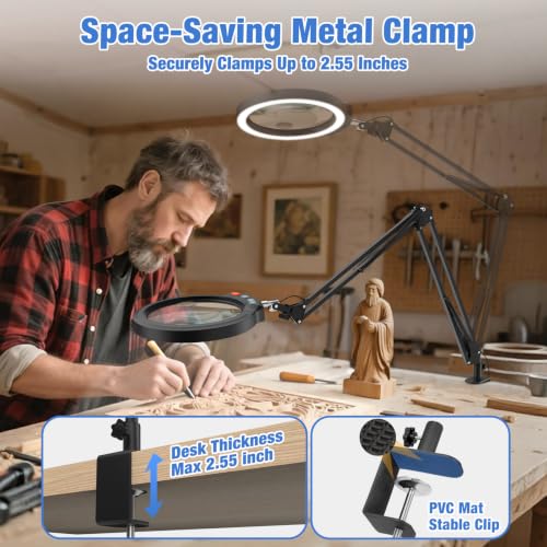 30X 12X Large Magnifying Glass with Light and Clamp
