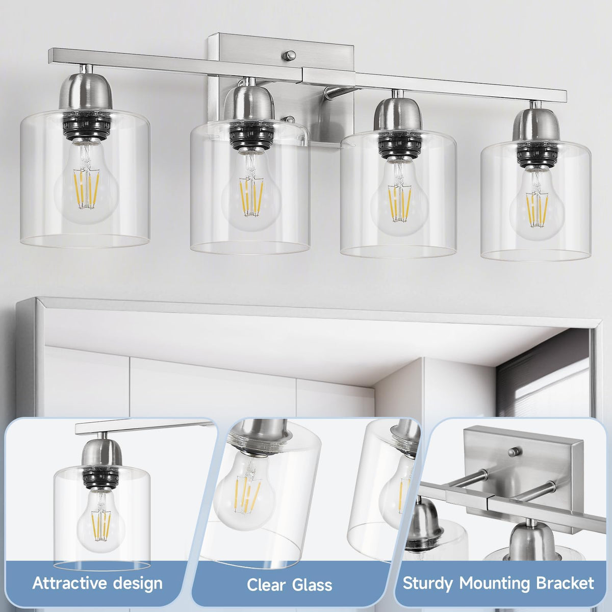 Modern Brushed Nickel 4 Light Bathroom Light Fixtures (Nickel & Clear Glass / 4-Light)