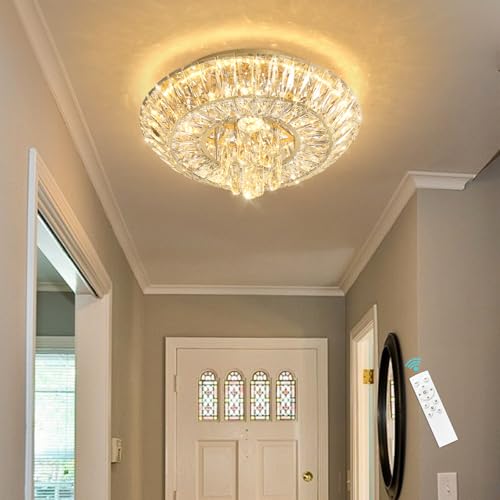 Crystal Chandelier Modern Round Ceiling Light Fixture LED Raindrop Chandeliers Dimmable with Remote for Dining Room Living Room Entryway Hallway Bedroom Gold (Gold / W16")