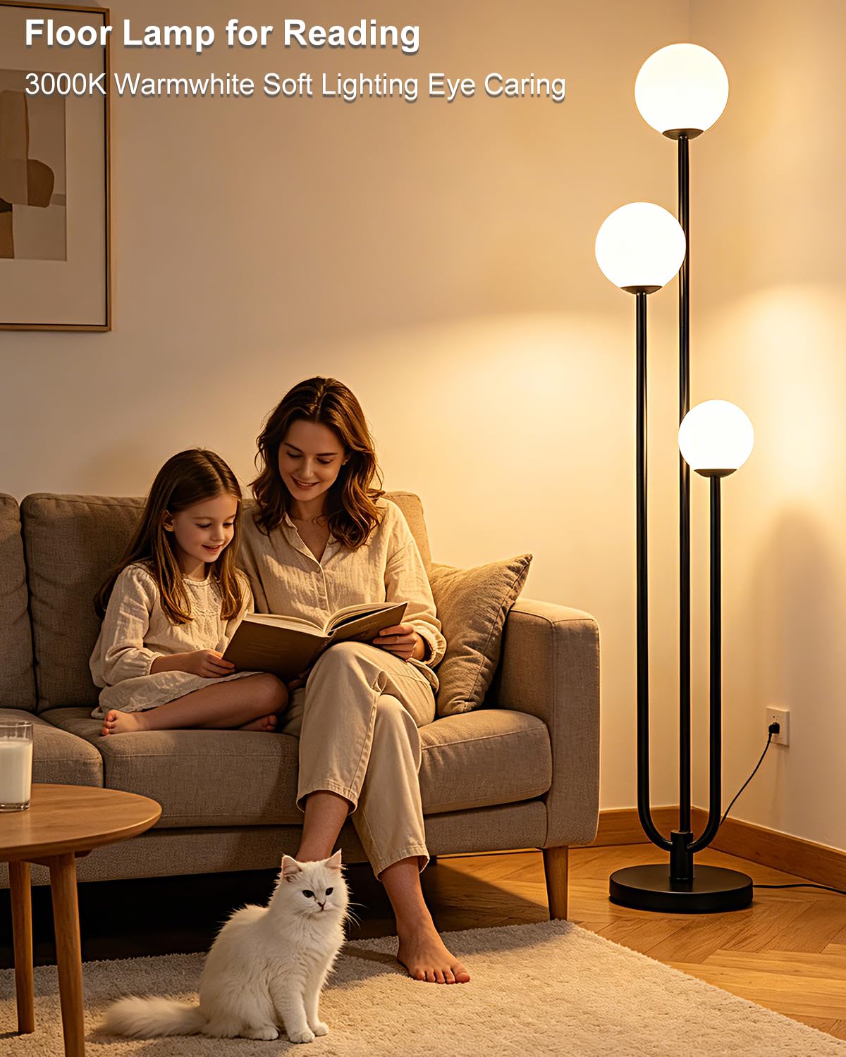 63IN 3 Light Dimmable Globe Floor Lamp Unique Black Tall Lamps (Black-3U)