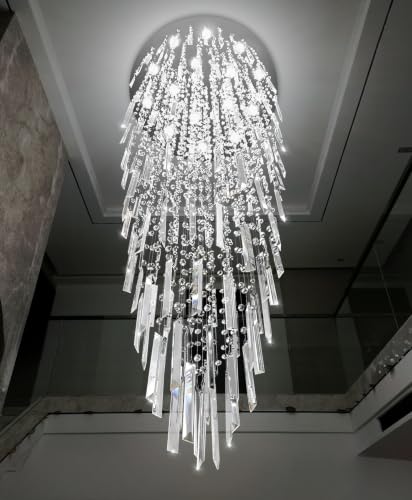 D40'' x H120'' Crystal Chandelier High Ceiling Chandeliers for Entryway Large Raindrop Chandeliers LED Dimmable Flush Mount Light Fixtures for Staircaes Foyer Hallway Living Room Bulbs Included Silver (D40'' x H120'' Silver)