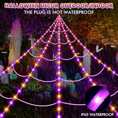 200" Halloween Decorations Spider Web Lights Outdoor +59" Fake Spider (Purple,Orange)
