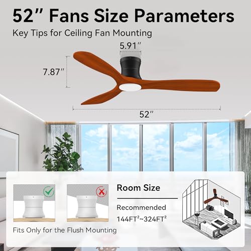 52Inch Wood Smart Flush Mount Ceiling Fans with Lights Remote (Wood& Black)