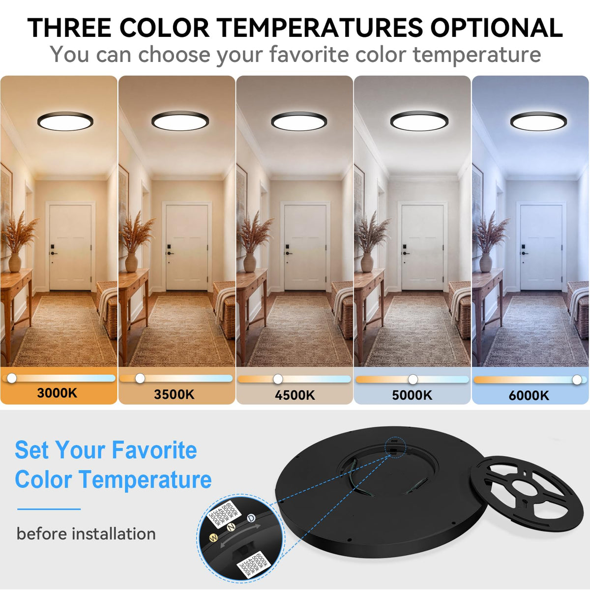 5CCT 3000k//3500k/4500k//5000k/6000k Selectable, Led Flush Mount Ceiling Light, 20 Inch 5200LM Round Modern Flat Panel,Super Slim for Living Dining Kitchen Bedroom Room (Black / 20in-2Pack)