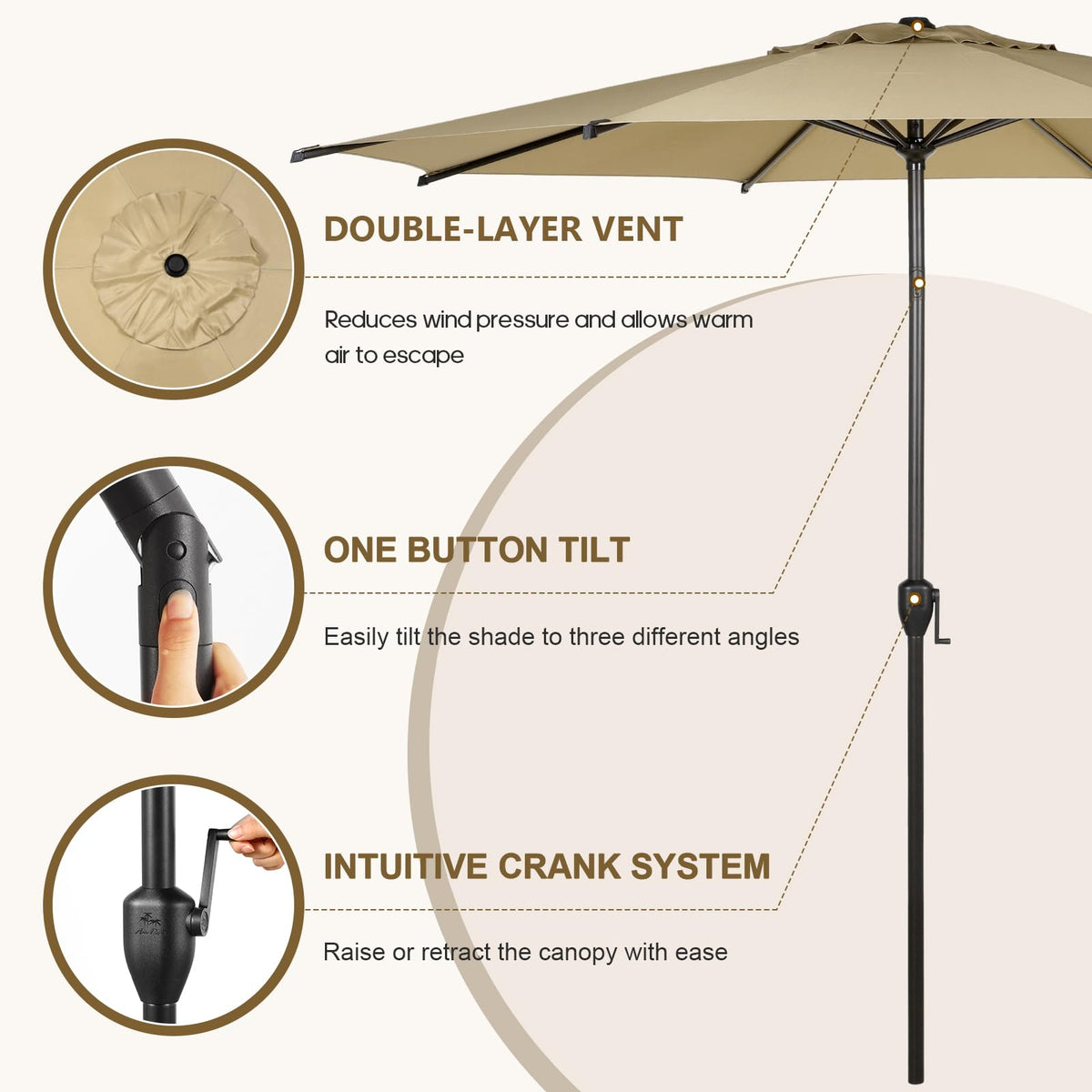 9FT Lyon Outdoor Patio Umbrella Outdoor Table Umbrella with Push Button Tilt and Crank Market Umbrella 8 Sturdy Ribs UV Protection Waterproof for Garden Deck Backyard Pool Tan (9 FT(8 Ribs) / Tan)