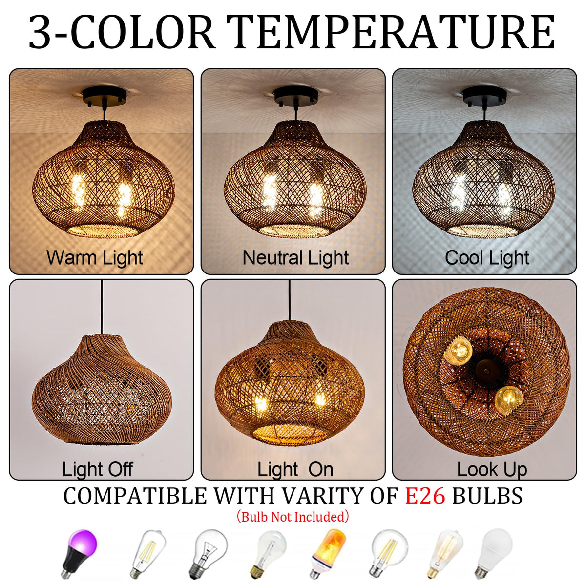 15" Rattan Pendant Light (Metal+Brown / 14.96" 2-Light)