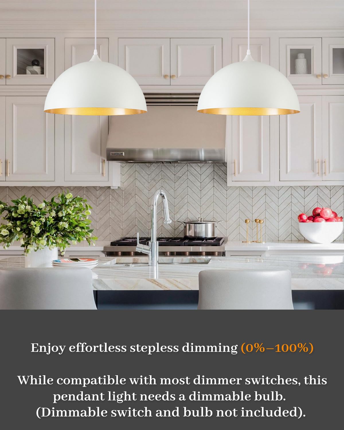White and Gold Dome Pendant Light (White+Gold / 16"x2)