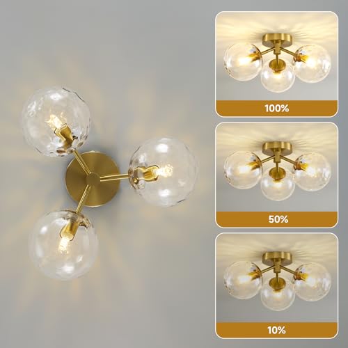 Gold Globe Semi Flush Mount Ceiling Light Hammered Glass Mid Century Modern (Gold / Hammered Clear Glass)