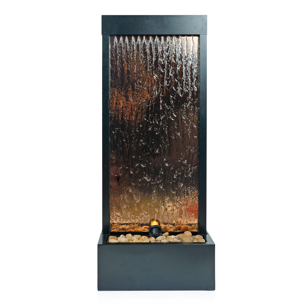 48" Tall Indoor Modern Wall Mounted Zen Mirror Waterfall Floor Fountain with Stones and LED Lights Decor for Office (48 Inches - Bronze)