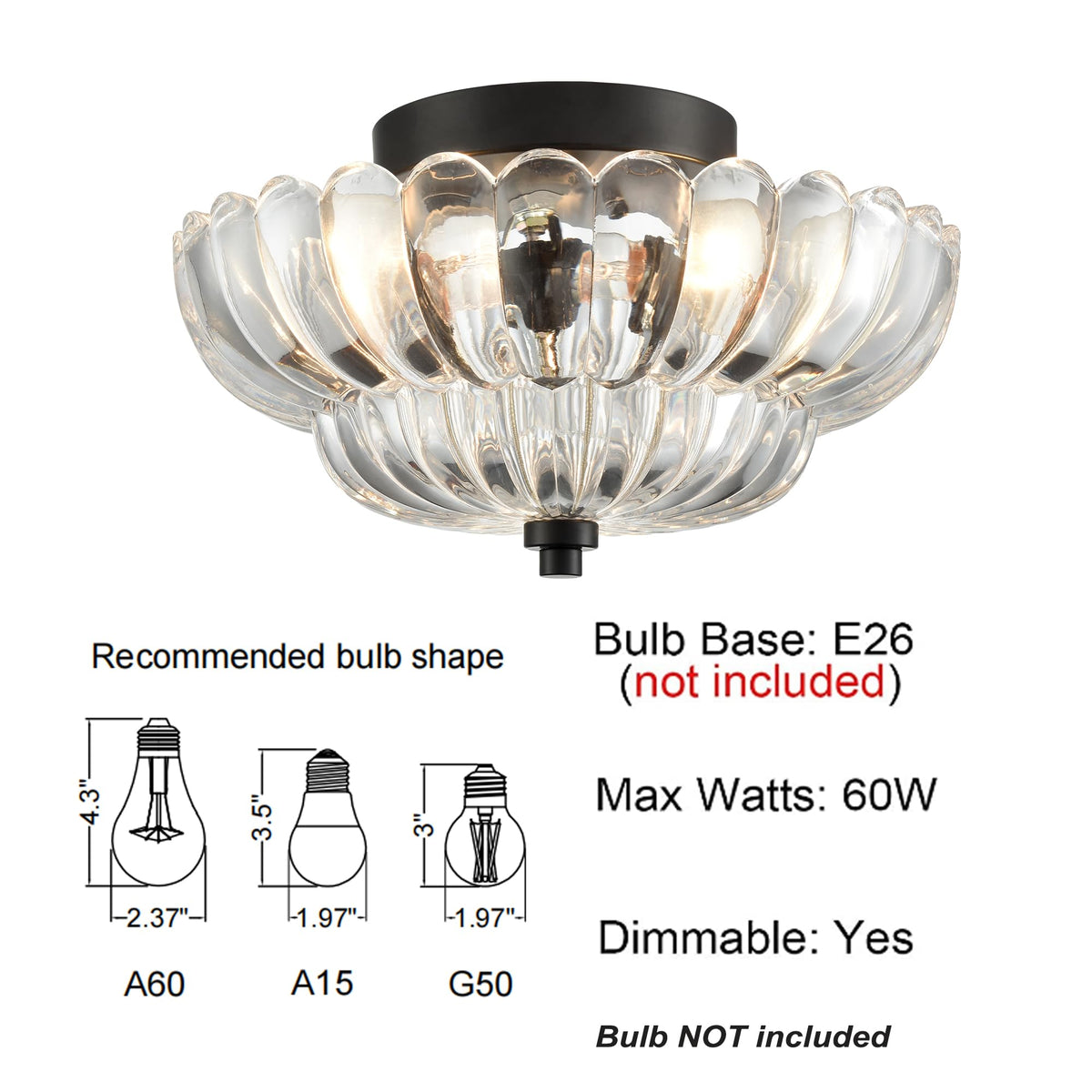 Modern Black Ceiling Light Traditional with Scalloped Clear Glass (Black-clear glass)