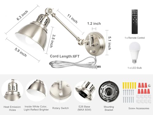 1 Pack Plug in Wall Sconce with Remote Control (Brushed Nickel-1 PACK(Bulb+Remote))