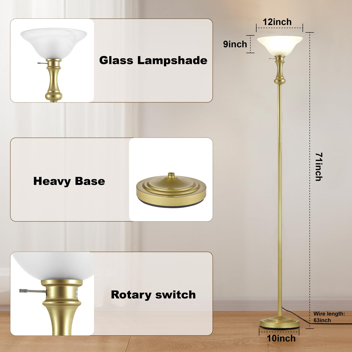 Torchiere Glod Floor Lamp for Living Room with Glass Shade (Gold 1 Head)