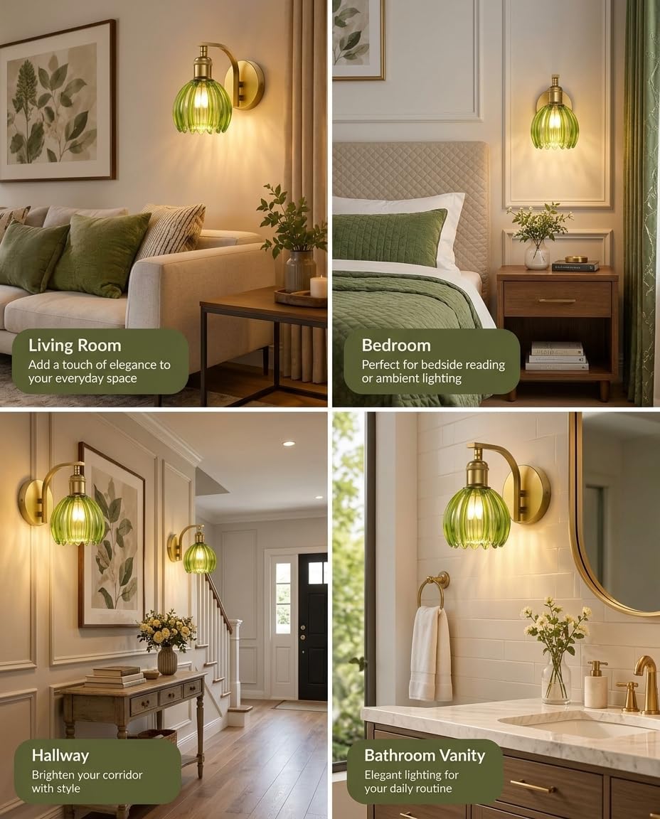 Vintage Brass Hardwired Wall Sconces with Green Tulip Glass Shade (Green)