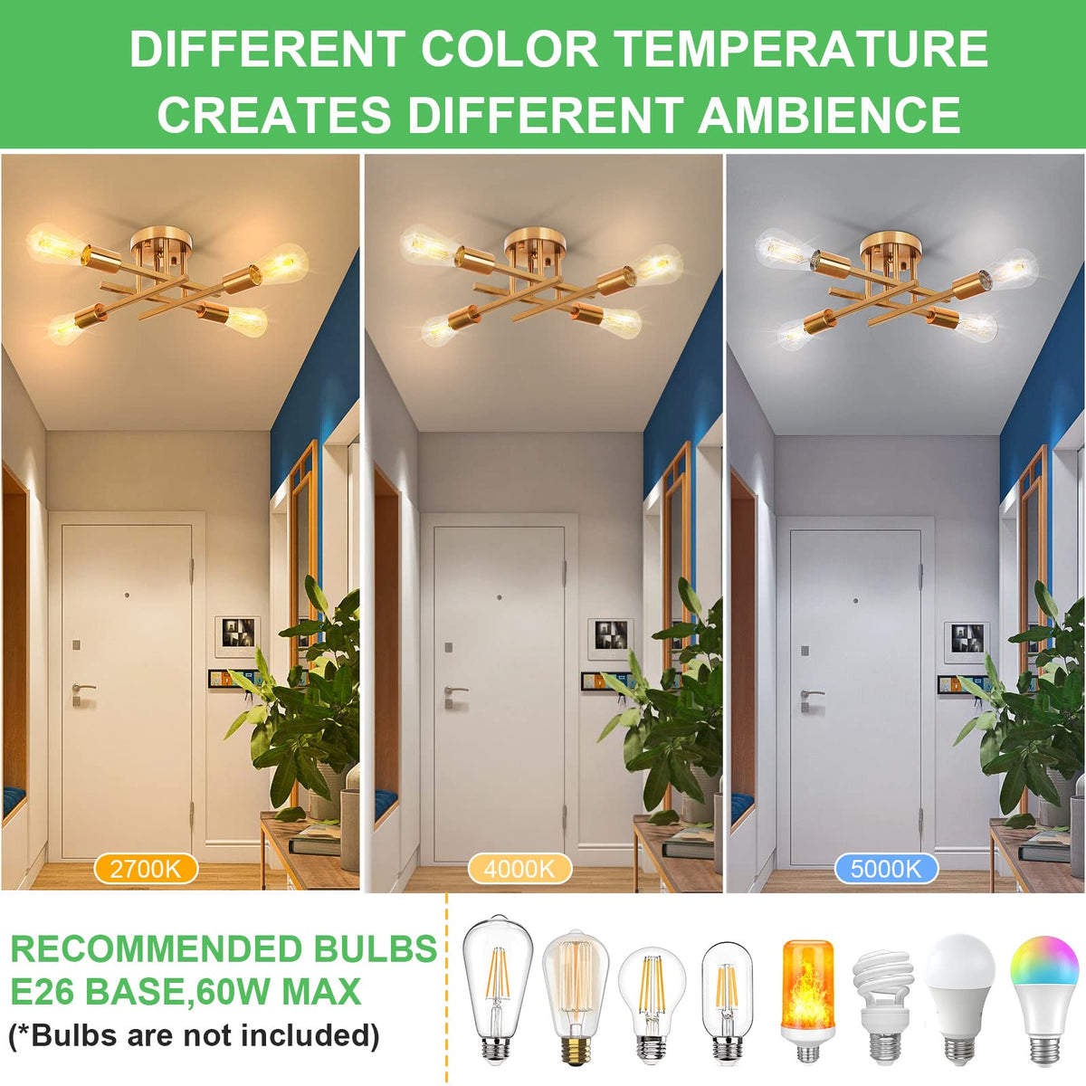 4 Light Semi Flush Mount Ceiling Light (Gold / Large)