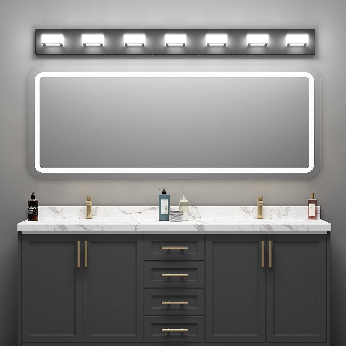 46" LED Modern LED Black Vanity Lights Fixtures 7 Lights Acrylic Matte Black Vanity Lights Modern Black Bathroom Wall Lighting Over Mirror (Black-White light / 46 inch)