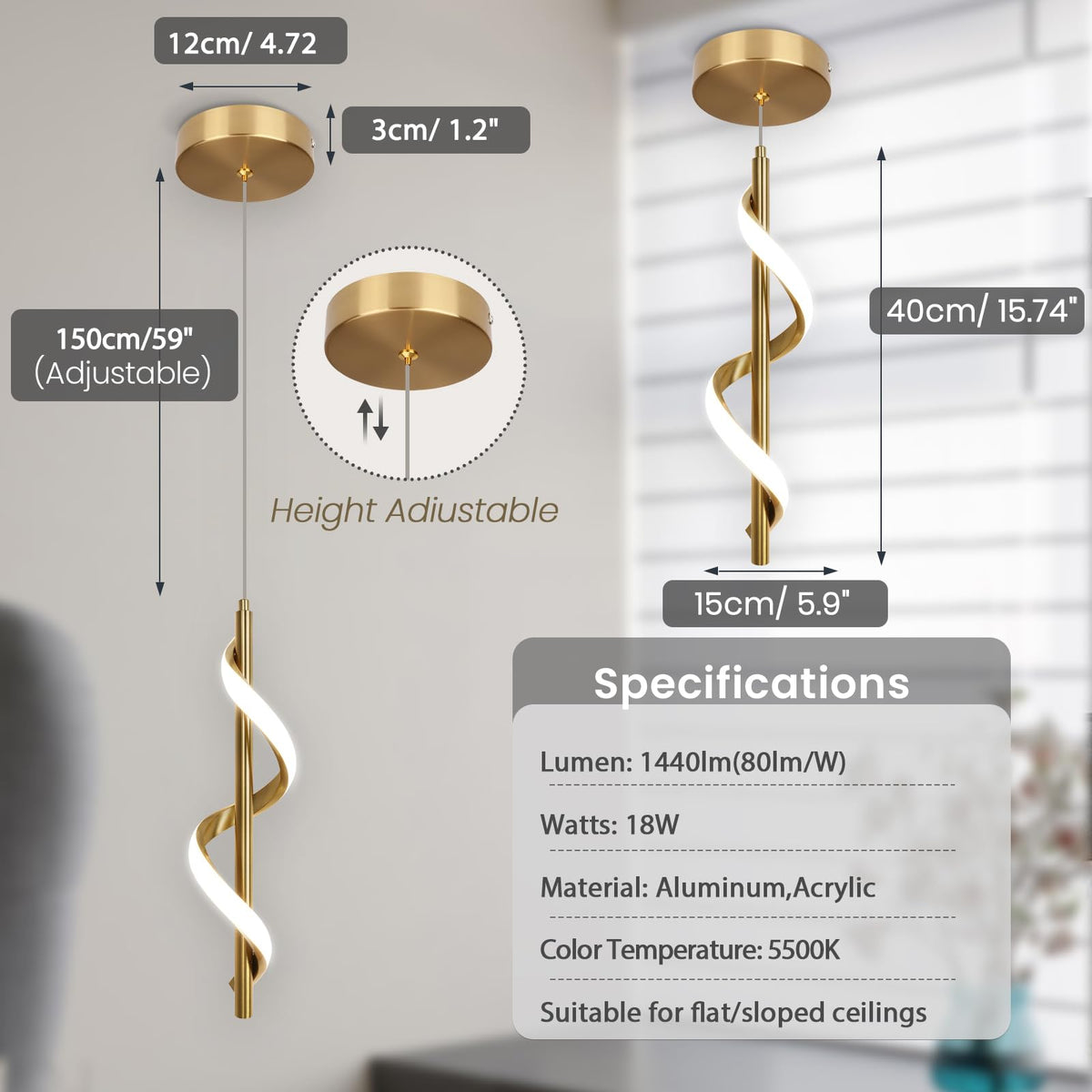3 Packs Modern Spiral Led Pendant Light Fixture (Gold)