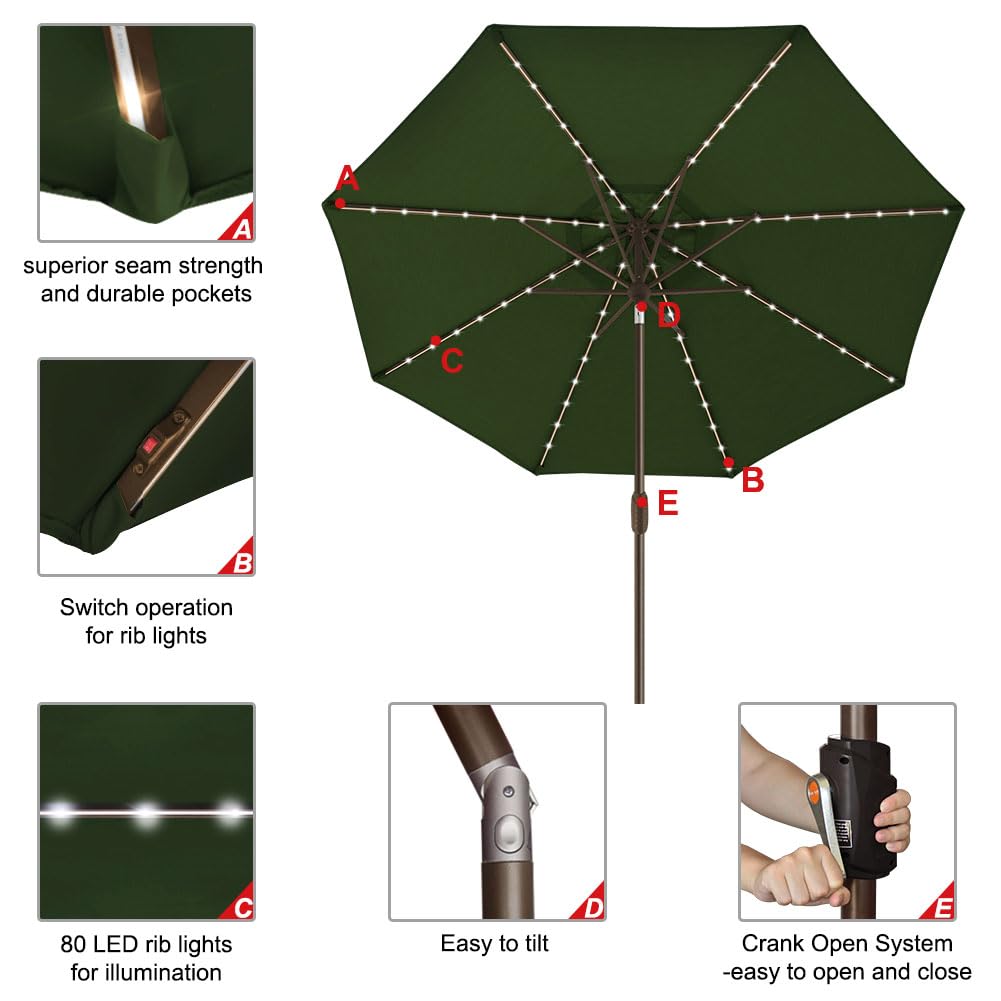 USA 10-Year-Non-Fading 9ft Market Patio Umbrella, Commercial Grade Table Sun Umbrella with 80 Solar LED Lights, Crank Open, Windproof & UPF 50+ UV Protection for Garden, Deck, Pool, Backyard, Fern (Fern / 9 FT(Single Vent Tilt))
