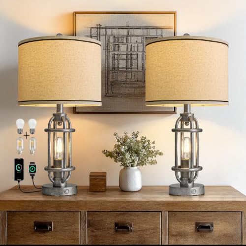 23.75'' Table Lamps Set of 2 for Living Room Bedroom Industrial Farmhouse Metal Touch Lamps with USB A+C Ports (23.75'' Antique Silver - Set of 2)
