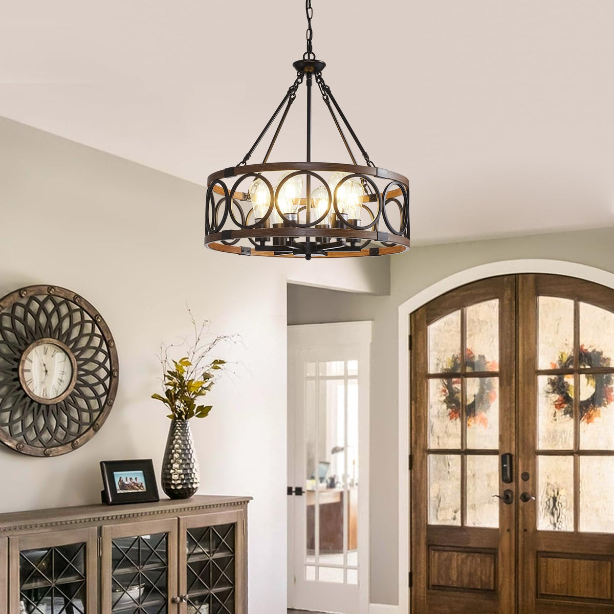 21" Dining Room Light Fixture (Black & Wood Grain-21"(Easy To Install) / 6-Light)