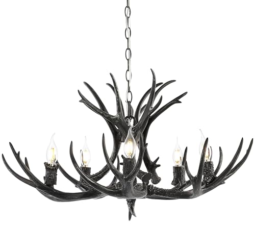 33" 6 Light Resin Faux Horn Antler Chandelier Rustic Farmhouse Hanging Light for Dining Room Living Room Cabin with Sloped Ceiling Compatible LED Bulbs Included