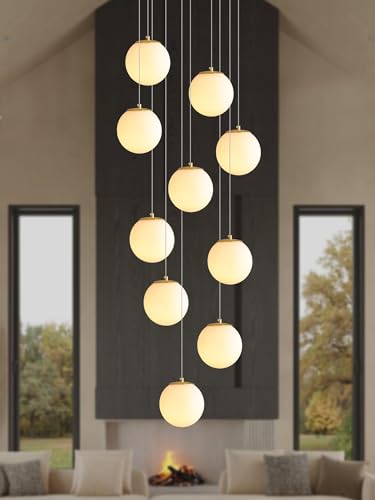 10 Light Gold Chandelier with White Globe Glass Dimmable Ceiling Light Glass Pendant Light for Kitchen Island (Gold-White / Globe 10-Light)