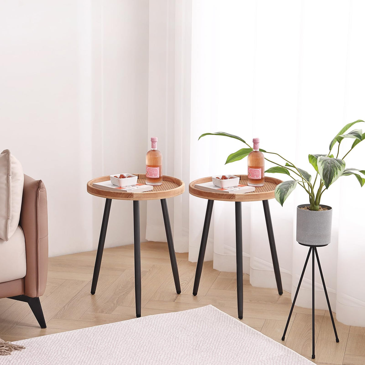2 Pack Rattan Round Side Tables (Wood Rattan)