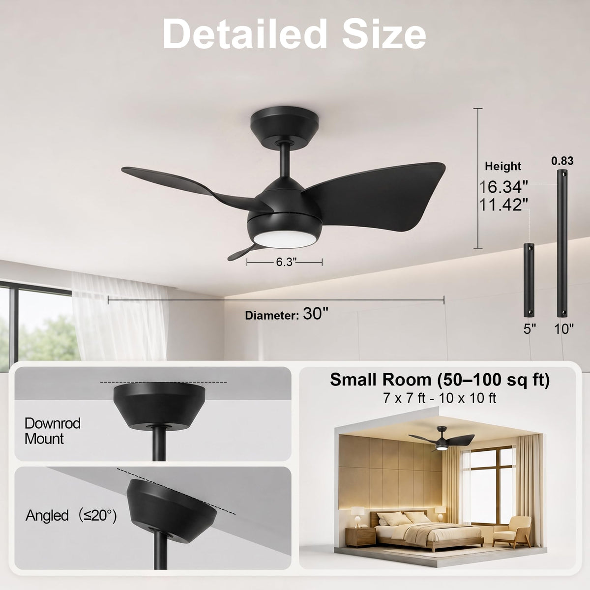 30 Inch Small Ceiling Fan with Lights (Matte Black / 30 Inch)