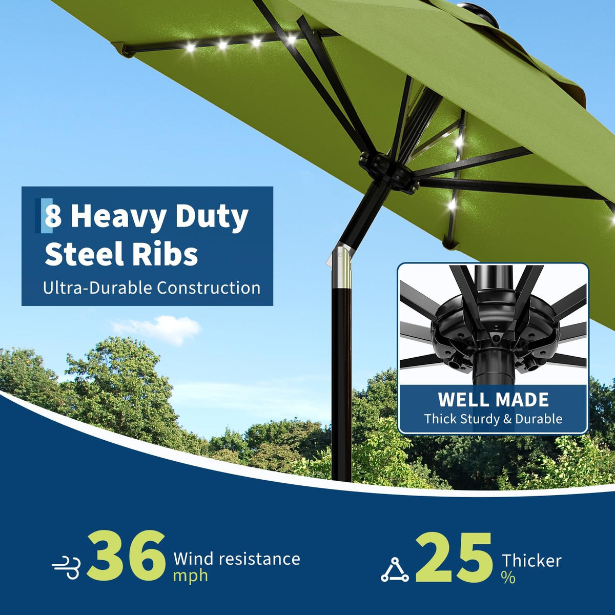 9FT Solar LED Patio Umbrella with Tilt & Crank (Grass Green / 9FT)