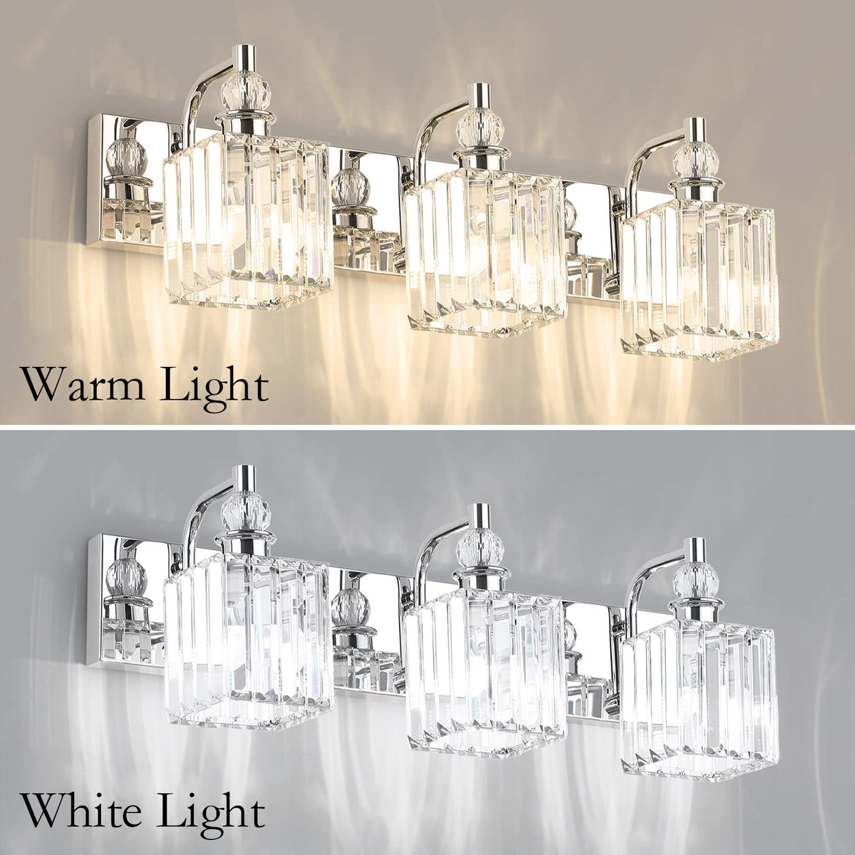 Modern Crystal Vanity Light 3 Light 24''Bathroom Lights Fixtures Over Mirror Chrome Vanity Light for Bathroom Wall Lighting (Square-Chrome / 24 inch)