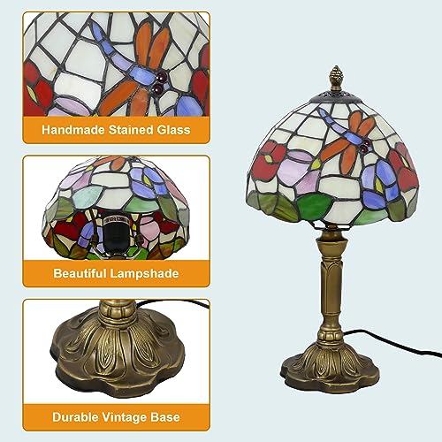 Tiffany Table Lamp Beautiful Dragonfly and Flower Style Lamp Handmade Stained Glass Desk Lamps Gifts Resin Base 14.2" Tall Vintage Reading Lamp for Office (Dragonfly Flower)